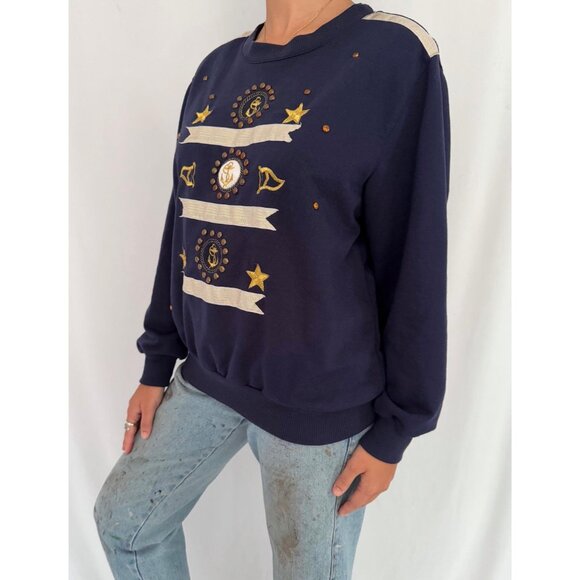 90s vintage navy blue sailor print nautical anchor embroidered pullover sweater - Picture 4 of 9
